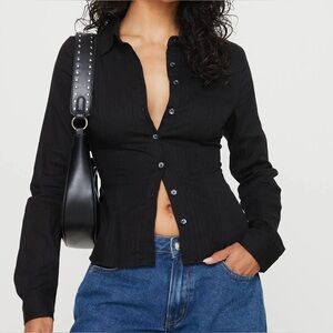 Black Button Down Shirt Corset Top Long Sleeve Collared EUC Medium